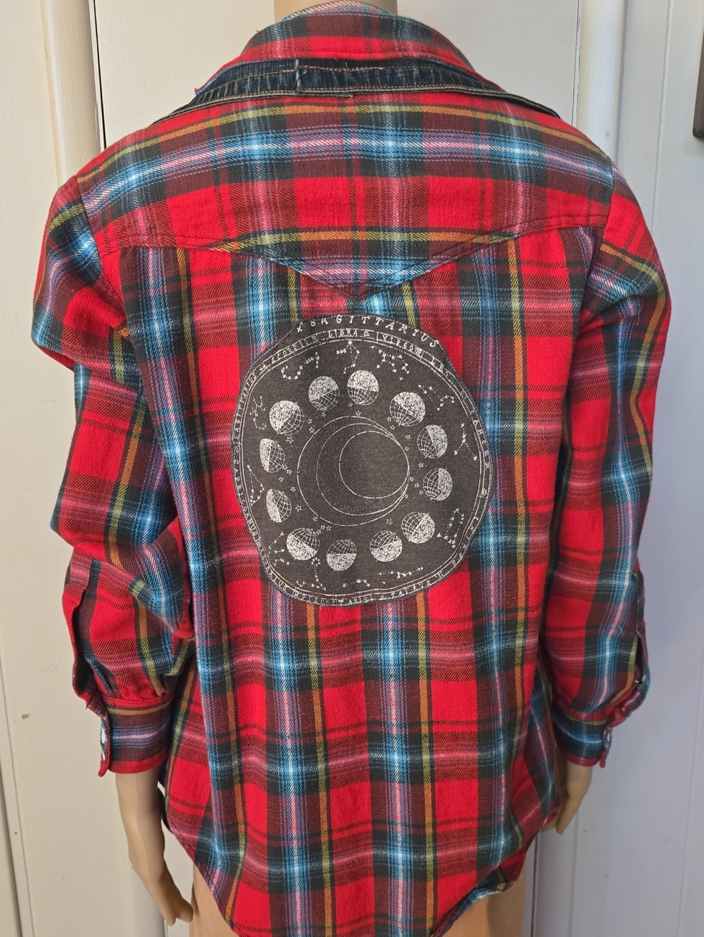 Vintage SEARS Red Plaid Flannel Shirt with Upcycled Moon Phase  Patch